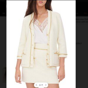 Maje Moxette Chain Trim Tweed Gold Button Cardigan and Skirt Set